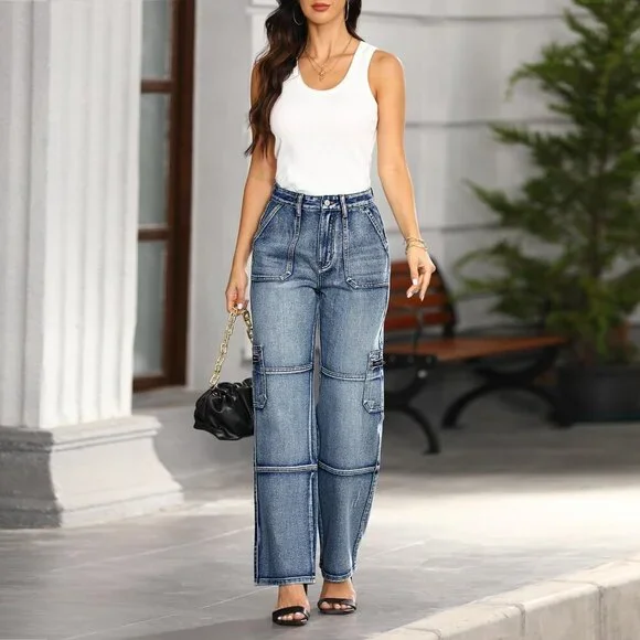 Womens Cargo Jeans High Waisted Wide Leg Cotton Blend Zipper Pockets Trendy - Picture 6 of 6